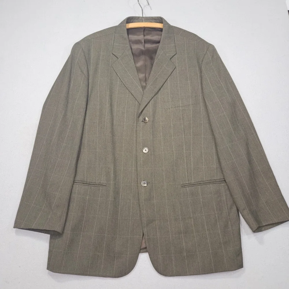 VTG Perry Ellis Windowpane Check 2pc Suit Blazer Pleated Pants Grey Sz 46 XXL